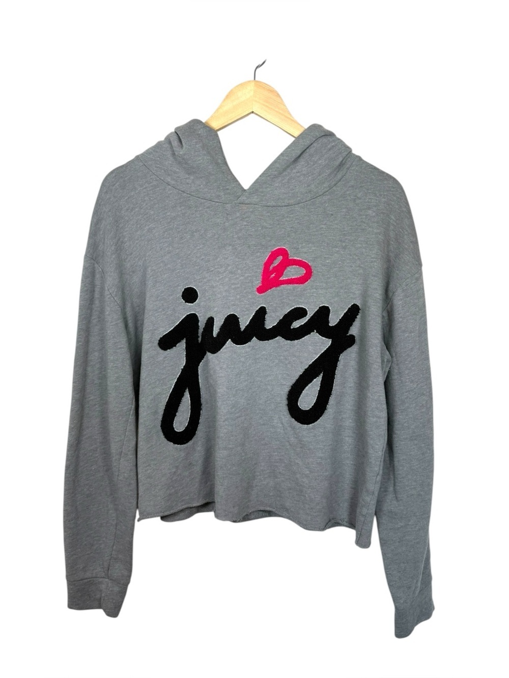Juicy Couture Y2K Cropped Boxy Hoodie Tufted Logo Heart Gray Large